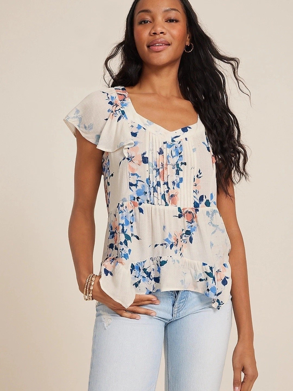 Maurices Cream Floral Flutter Sleeve Blouse with Flowers